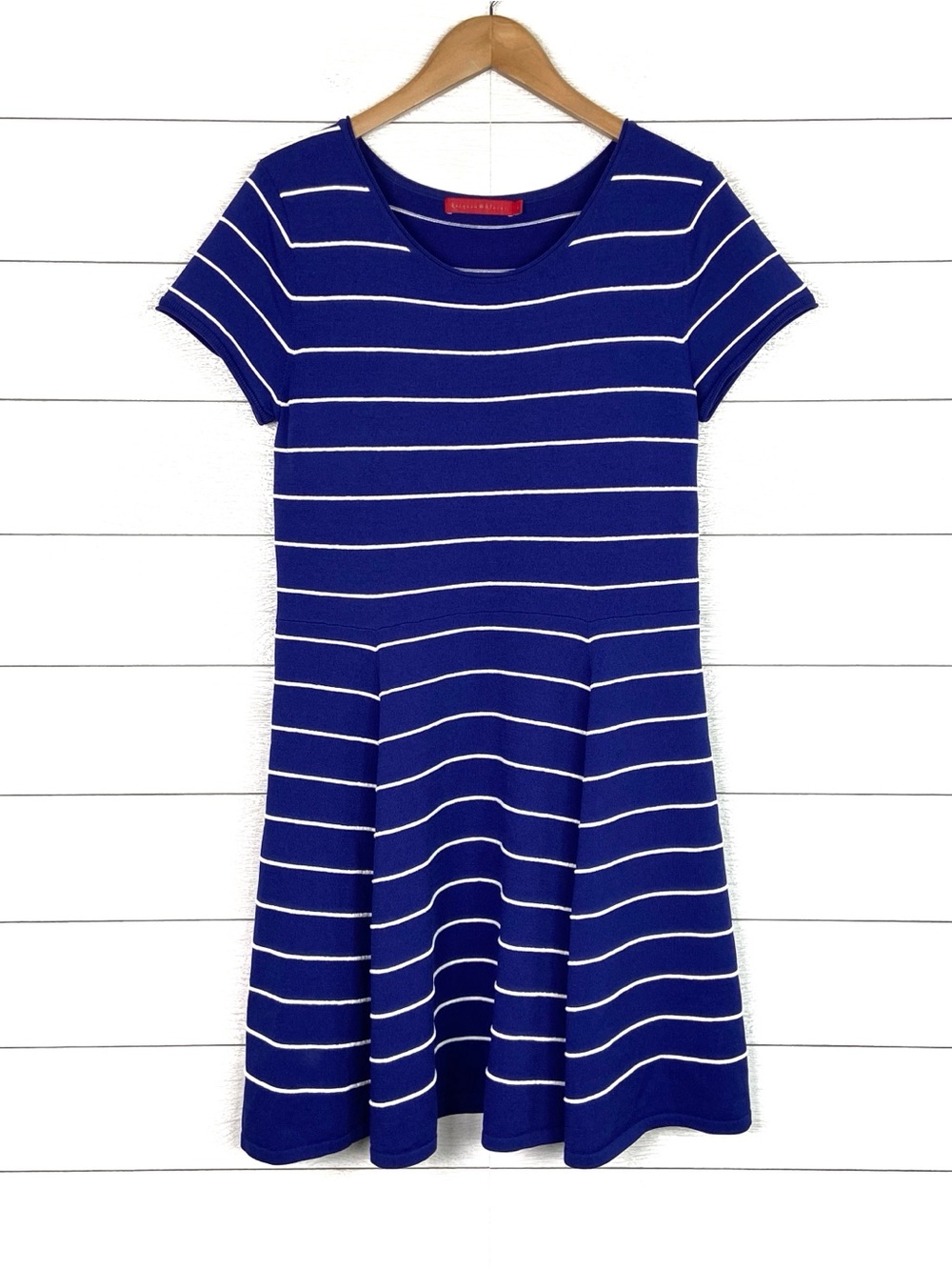 KRIMSON KLOVER Stripe Fit Flare Dress Short Sleeve Stretch Large Blue White